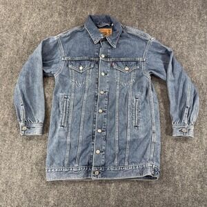 Levi Strauss Ganni Jacket Womens XXS Blue‎ Denim Long Trucker Coat Made Bulgaria